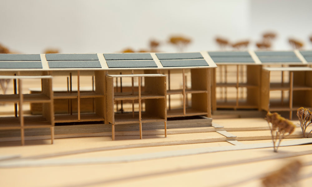 Graf Architekten Stuttgart - Studie - Wohnen für Flüchtlinge im Holzbau - Modelldetail von Westen